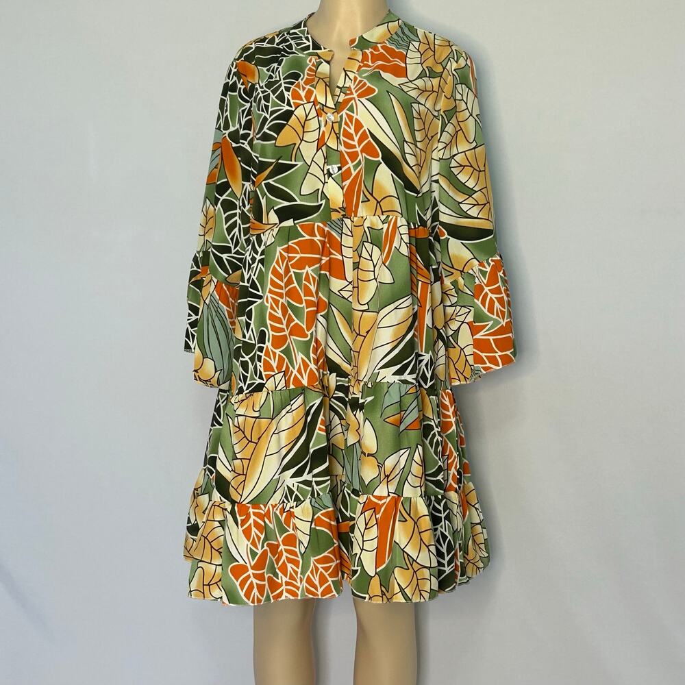 Miduo Tropical Leaf Print Tiered Mini Dress Bell Sleeve Green Orange Size L NWT